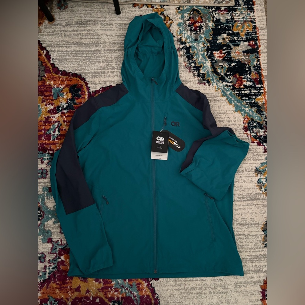 Outdoor Research Teal and Navy Hooded Softshell Jacket